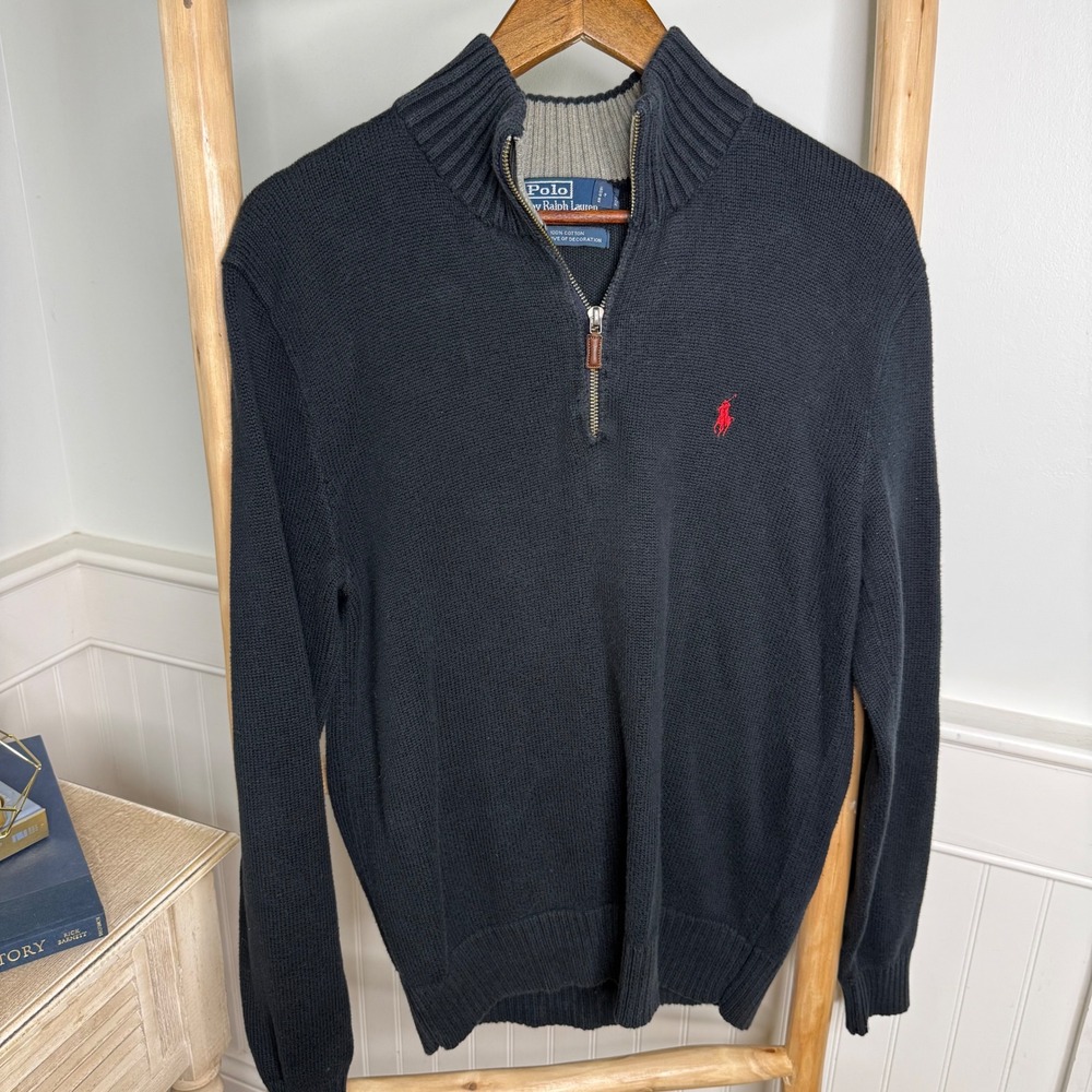 Polo Ralph Lauren Mens Navy Blue Cotton Quarter Zip Mock Neck Sweater Small Logo